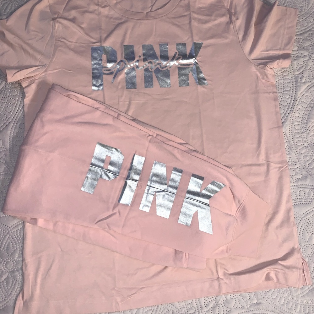 Victoria’s Secret PINK Silver Shine Double Logo Campus Tee & Relaxed Joggers SET